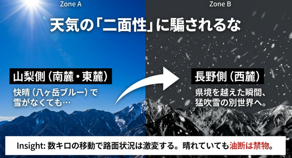 山梨側は快晴でも長野側は猛吹雪になるなど、数キロの移動で激変する八ヶ岳の天気の二面性