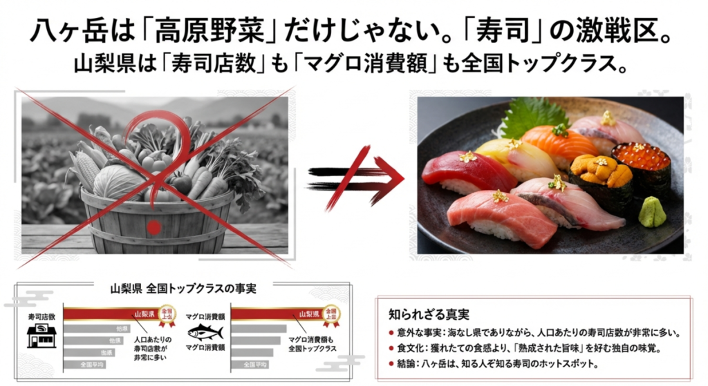 山梨県の人口あたり寿司店数とマグロ消費額が全国トップクラスであることを示す統計グラフ