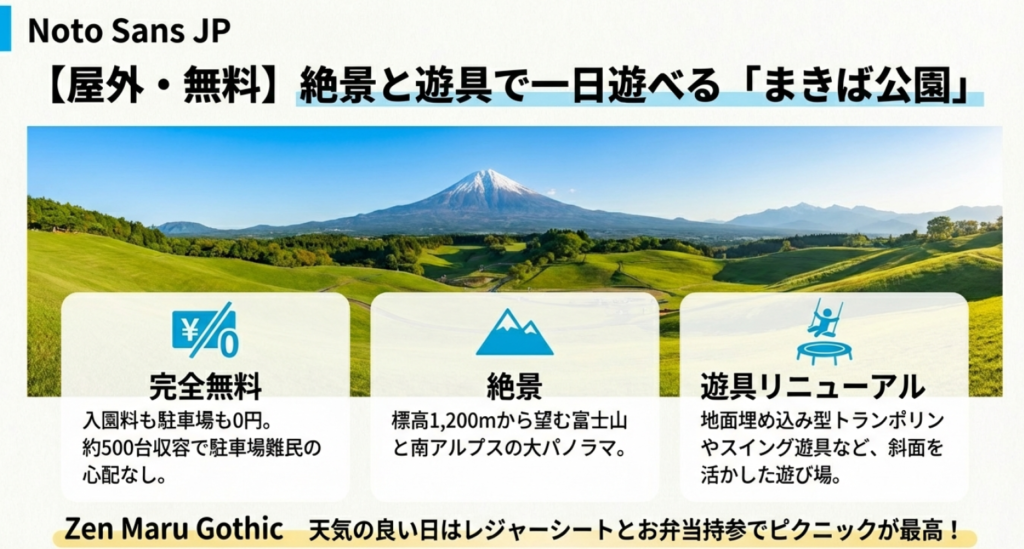 山梨県立まきば公園。入園料・駐車場無料で富士山の絶景とリニューアルされた遊具が楽しめる。