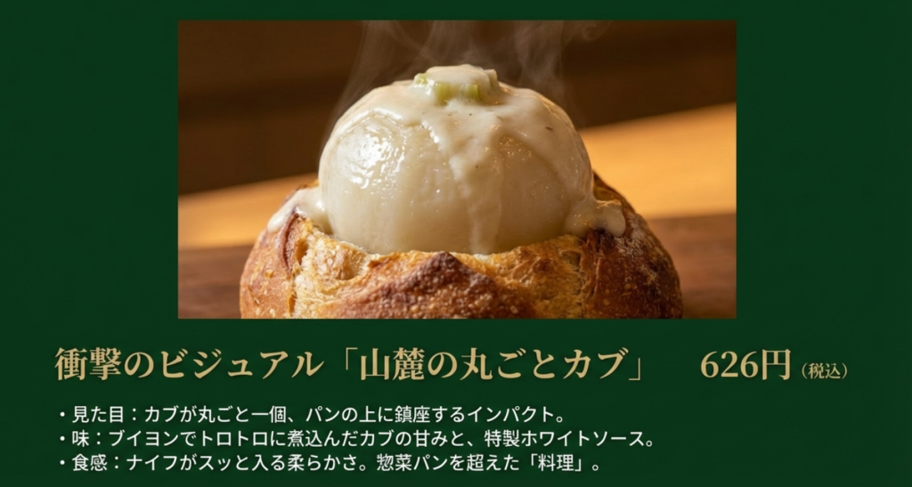 山麓の丸ごとカブや天然水パンなど、八ヶ岳トリュフベーカリーでしか買えない限定メニューの商品写真と価格一覧