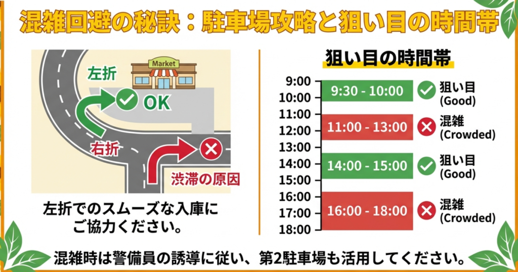 左折入庫を推奨する駐車場マップと、混雑を避けるための狙い目の時間帯チャート