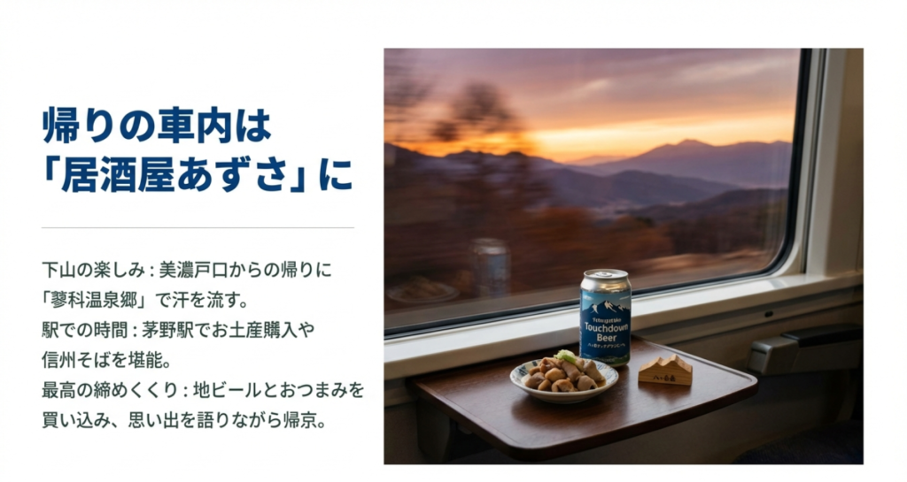 帰りの特急あずさの車内で楽しむ八ヶ岳地ビールとおつまみ