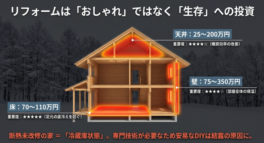 断熱リフォームの費用と重要度：天井・壁・床の断熱改修にかかる費用目安と暖房効率への影響