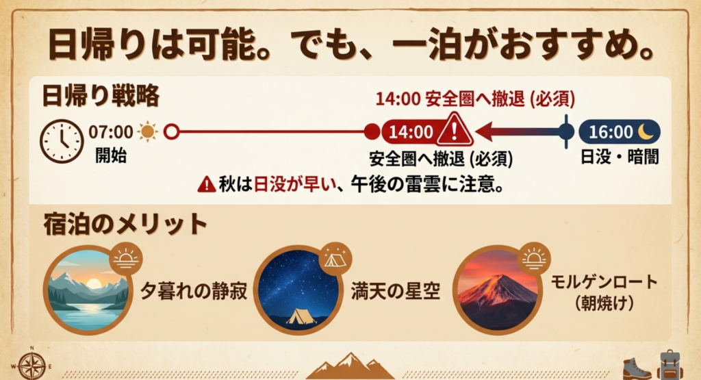 日帰り登山のタイムスケジュールと、山小屋宿泊で見られる星空やモルゲンロートのイラスト