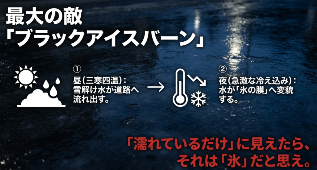 昼の雪解け水が夜の急激な冷え込みで氷の膜に変わるブラックアイスバーンの発生メカニズム