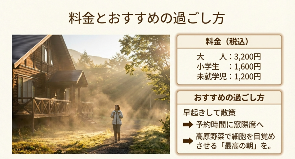 朝食の料金表(大人・小学生・未就学児)と、早起きして散策を楽しむおすすめの過ごし方。