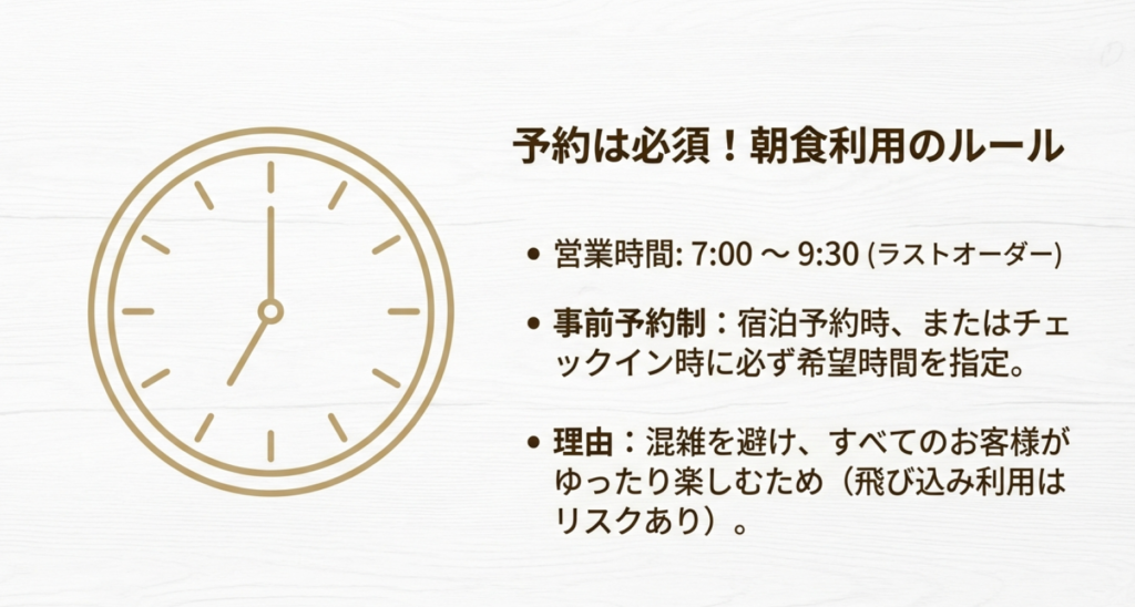 朝食利用のルール解説。営業時間7:00〜9:30、事前予約制である理由と注意点。