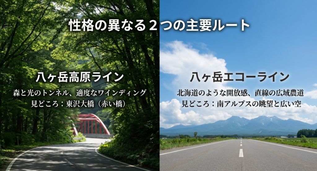 森の中を走る八ヶ岳高原ラインと北海道のような直線のエコーラインのルート特徴比較マップ