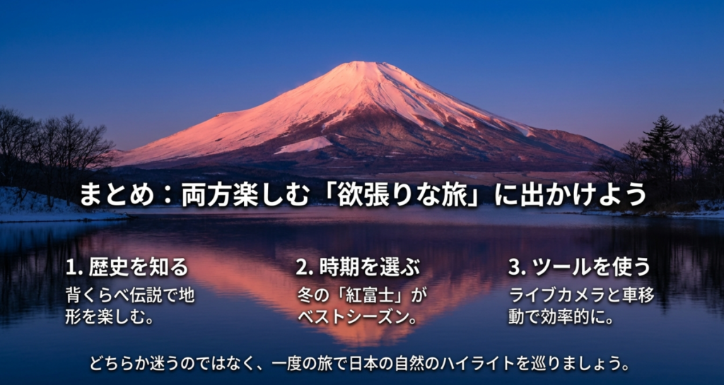 歴史、時期（紅富士）、ツール（ライブカメラ）を活用して八ヶ岳と富士山の両方を楽しむ欲張りな旅へ