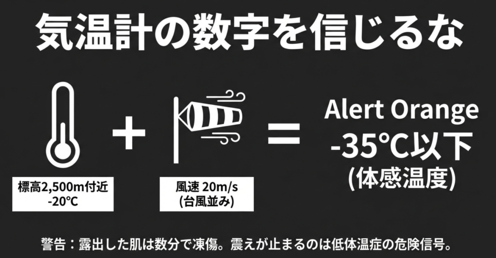 気温マイナス20度、風速20m/sの環境下で体感温度がマイナス35度以下になる危険性の解説