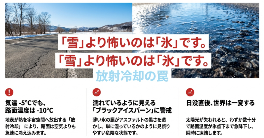 気温マイナス5度でも路面温度はマイナス10度・ブラックアイスバーンの仕組み