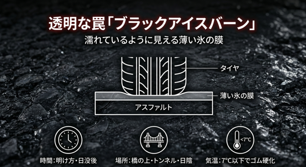 気温7度以下で発生しやすく 、濡れているように見える薄い氷の膜であるブラックアイスバーンを図解