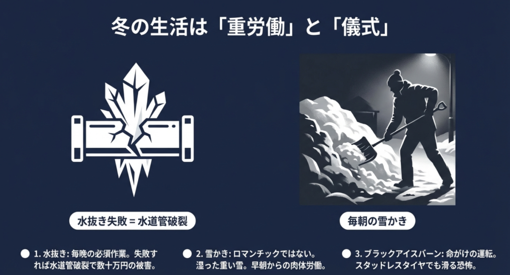 水道管破裂のリスクがある水抜き作業と毎朝の雪かきの重労働