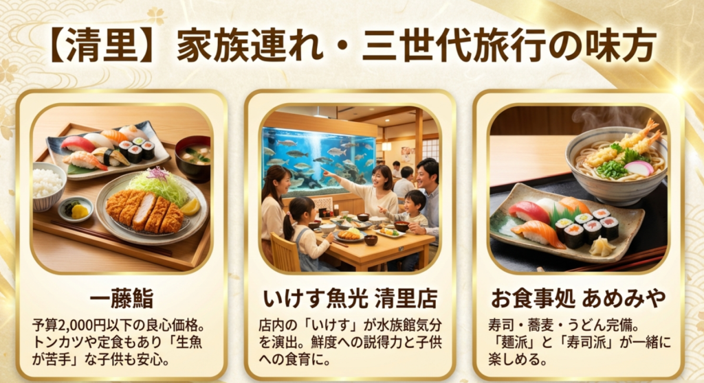 清里エリアの家族連れ向け寿司店「一藤鮨」「いけす魚光」「あめみや」のメニュー紹介