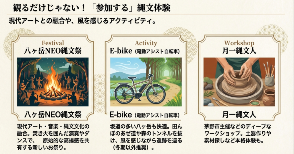 現代アートと融合した八ヶ岳NEO縄文祭の焚き火イメージと、E-bikeでの遺跡巡りサイクリングのイラスト