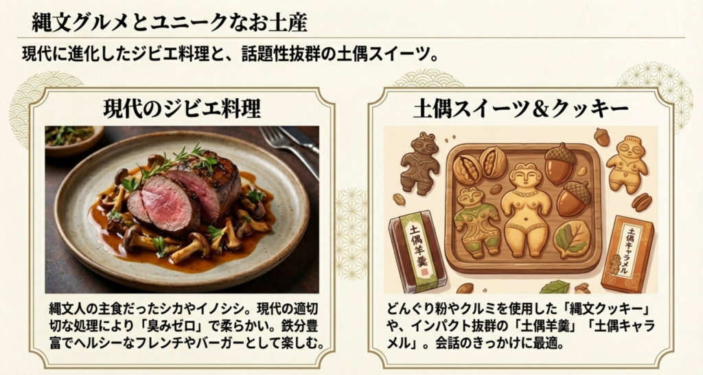 現代風にアレンジされた鹿肉のジビエ料理と、お土産に人気の土偶スイーツや縄文クッキーの紹介