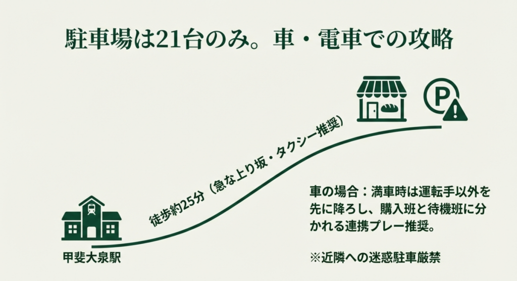 甲斐大泉駅からトリュフベーカリー南八ヶ岳への徒歩ルートと勾配注意点、および21台分の駐車場配置図
