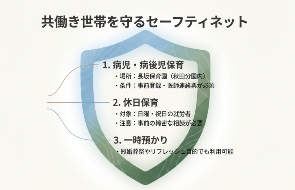 病児・病後児保育、休日保育、一時預かりの3つの支援制度の概要と利用条件をまとめたスライド