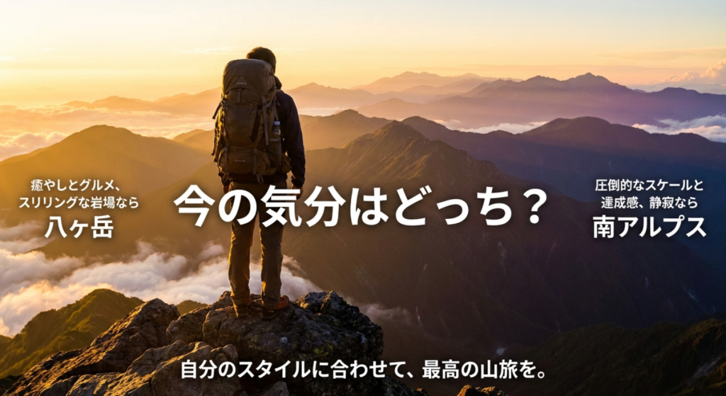 癒やしの八ヶ岳か、達成感の南アルプスか、自分のスタイルに合わせて選ぶことを促すスライド