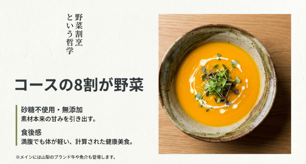 砂糖不使用・無添加で素材本来の甘みを引き出した、八ヶ岳えさきのシグネチャーである野菜スープの写真