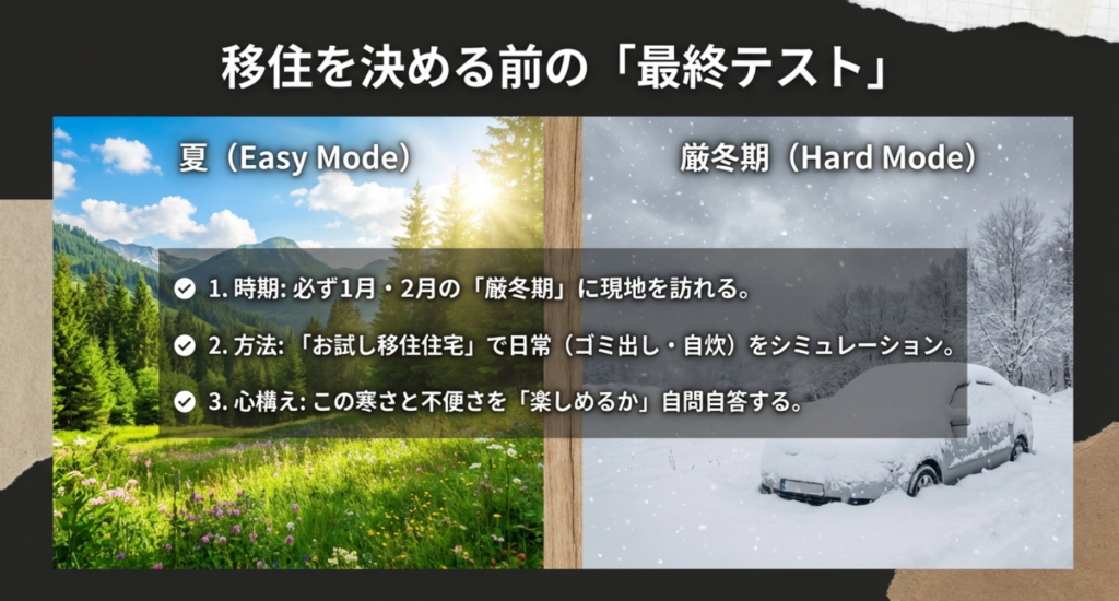 移住を決める前の最終テスト。1月・2月の厳冬期にお試し移住を行い、寒さと不便さを楽しめるか確認する方法