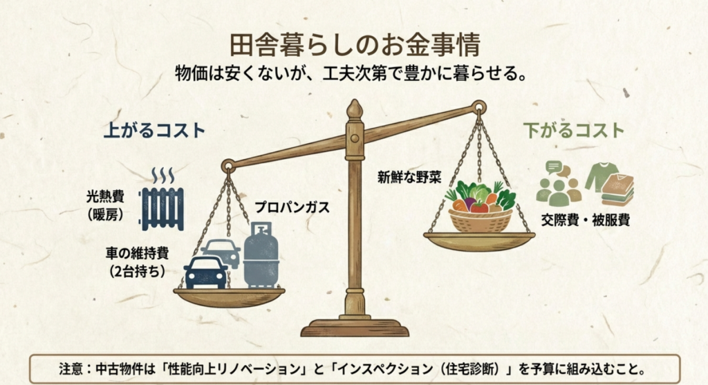 移住生活で上がるコスト(光熱費・車の維持費)と下がるコスト(野菜・交際費)のバランス天秤図
