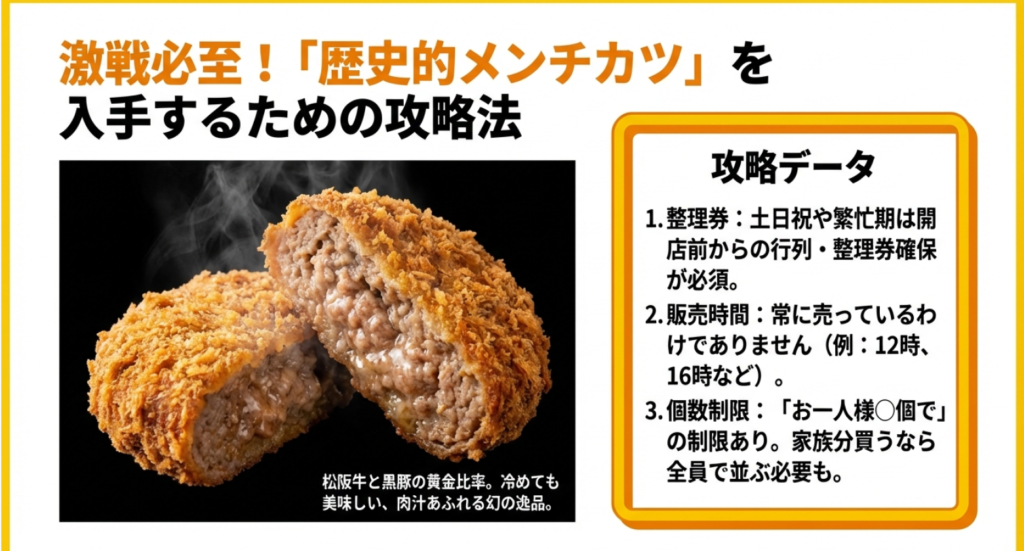 肉汁あふれる歴史的メンチカツの断面写真と、整理券や販売時間などの攻略情報
