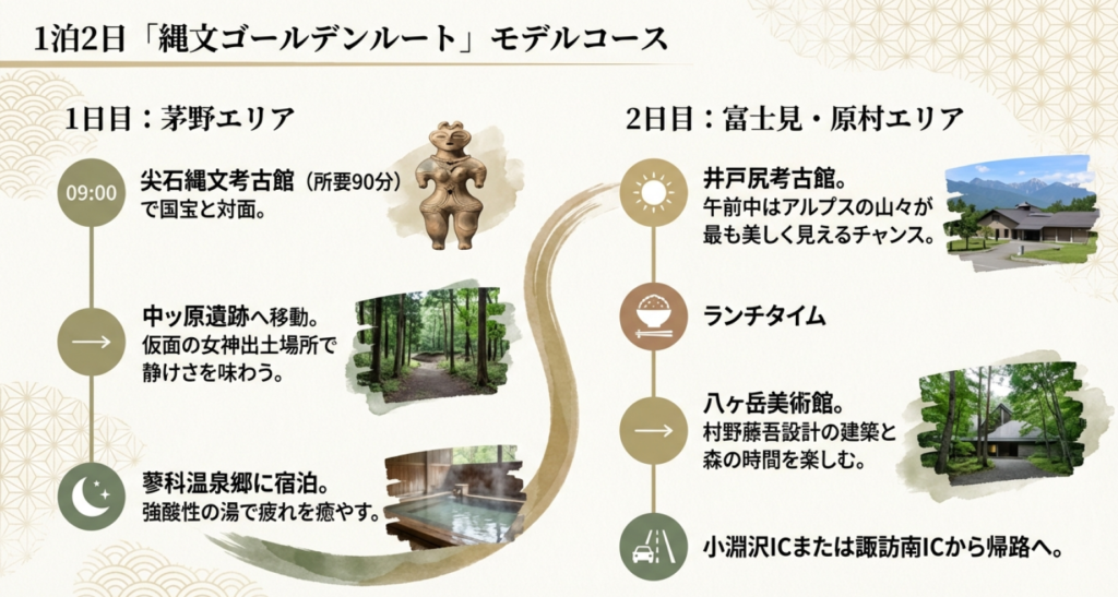 茅野エリアから富士見・原村エリアを巡る1泊2日の観光モデルコースとタイムスケジュールの詳細表