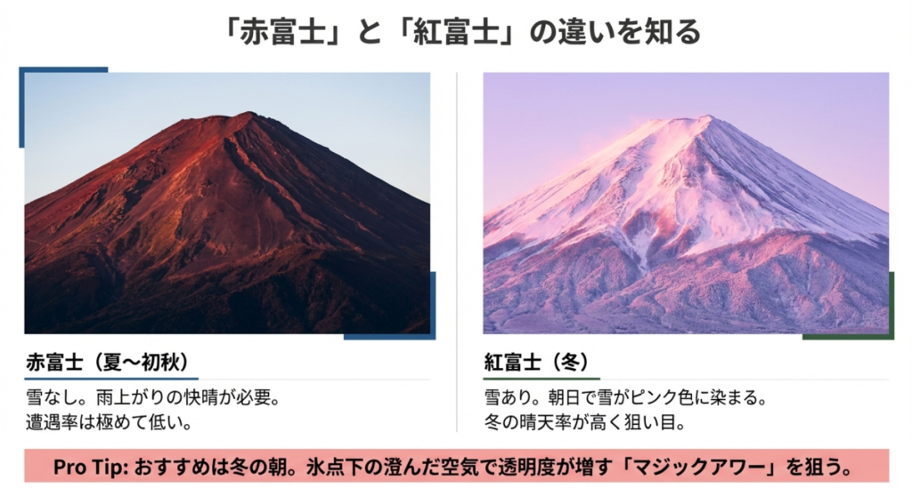 赤富士（夏・雪なし）と紅富士（冬・雪あり）の色の違いと見られる時期・条件の比較解説