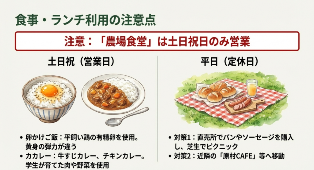 農場食堂の卵かけご飯とカレー、芝生広場でのピクニックイメージ