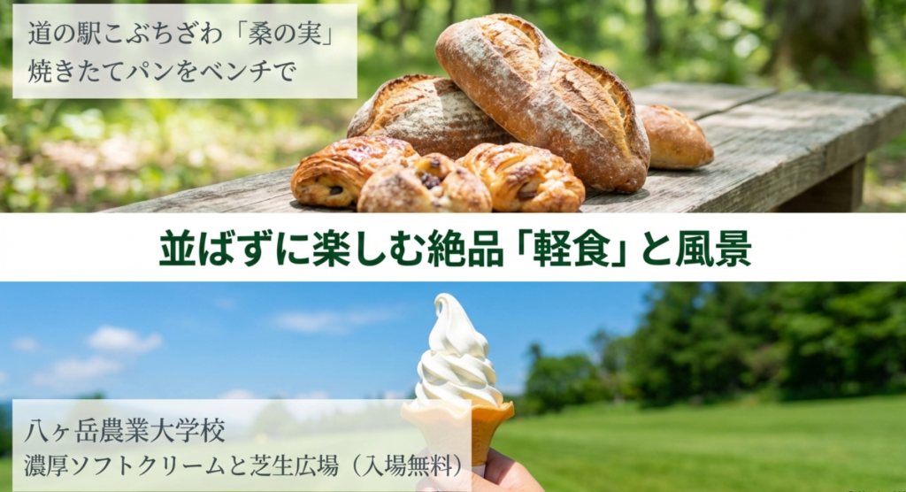道の駅こぶちざわのパン屋「桑の実」と八ヶ岳農業大学校の濃厚ソフトクリーム・芝生広場