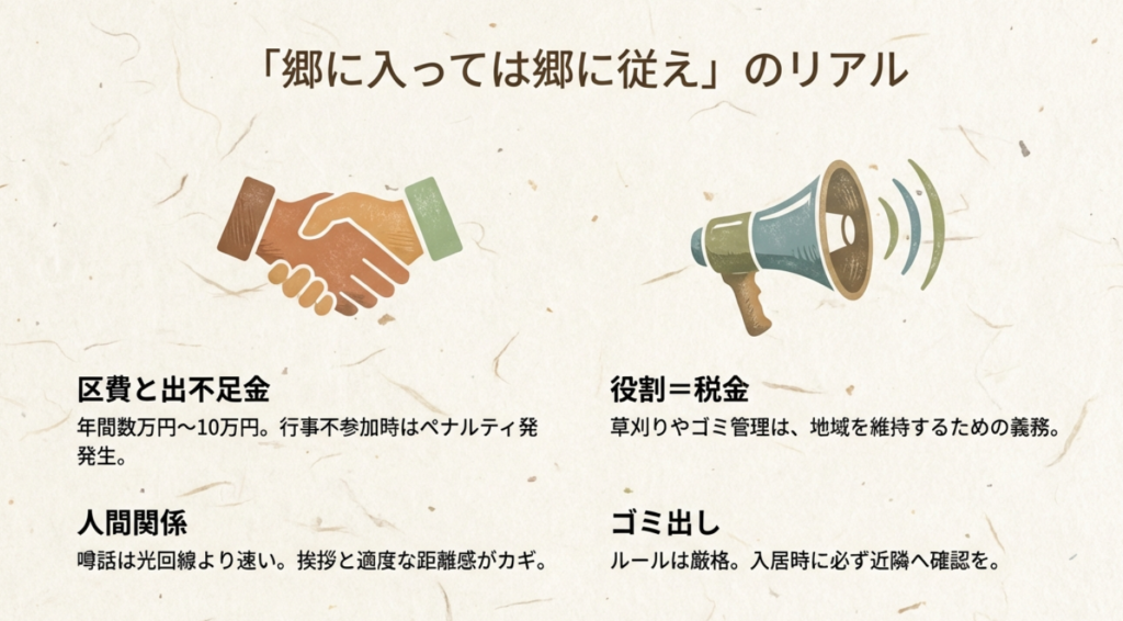 郷に入っては郷に従えのリアル。区費や出不足金、人間関係の噂話、ゴミ出しルールなどの注意点。
