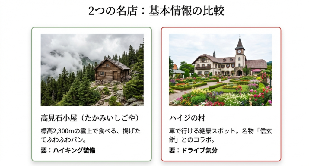 高見石小屋の山小屋とハイジの村の建物比較イメージ