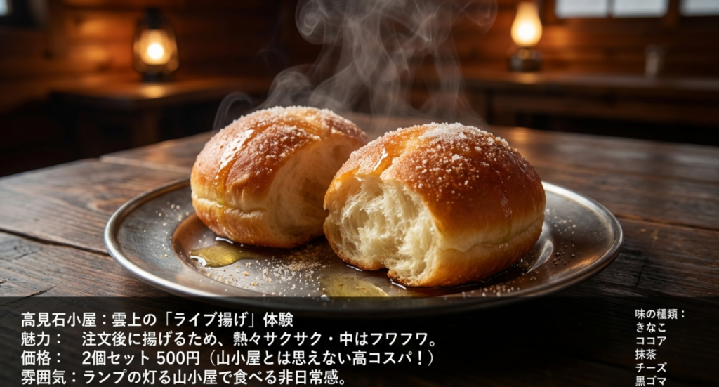 高見石小屋の揚げパンメニュー・ライブ揚げの魅力