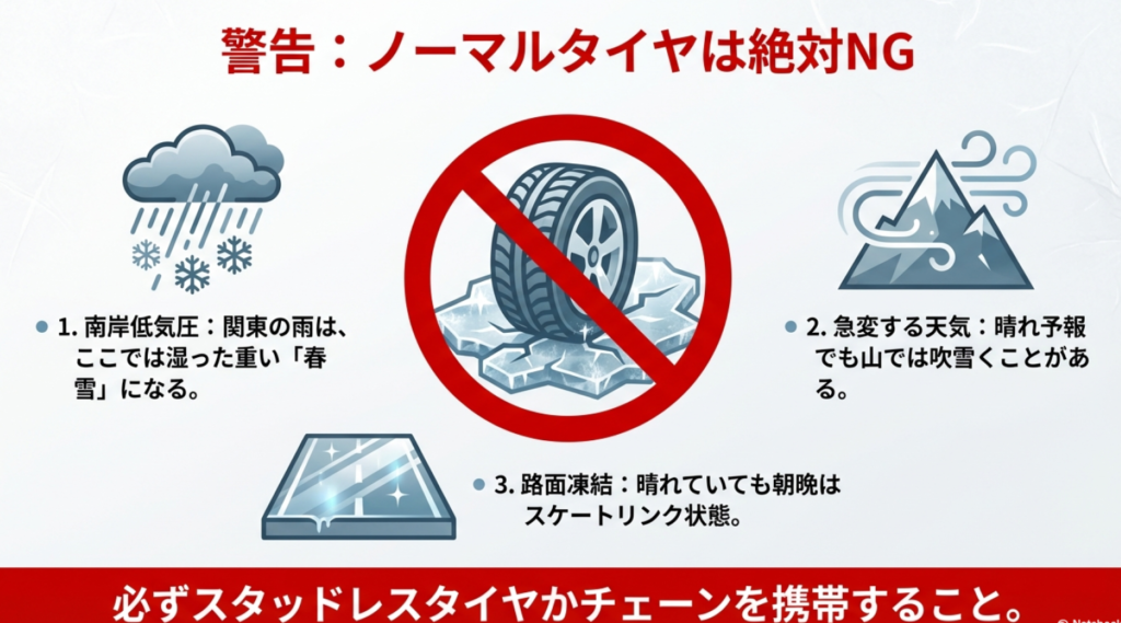 3月の北杜市の天気リスク。雨や雪、路面凍結のためスタッドレスタイヤかチェーンが必須