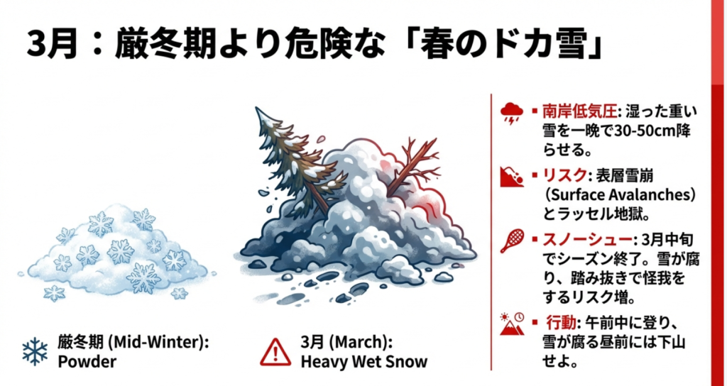 3月の厳冬期より危険な「春のドカ雪」の解説。南岸低気圧による湿った重い雪、表層雪崩のリスク、スノーシューシーズンの終了時期を図解
