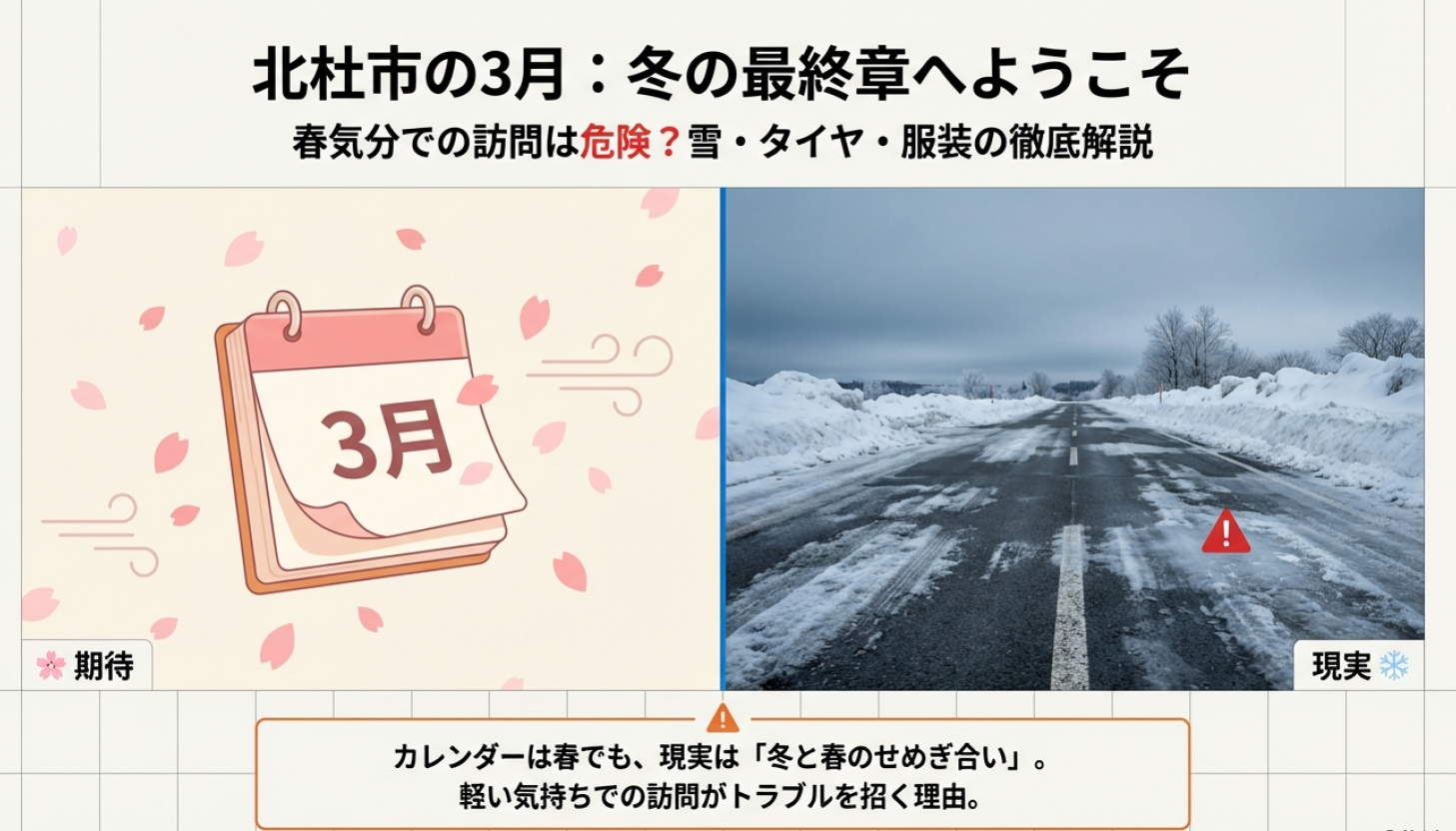 3月の北杜市の気候イメージ。カレンダーは春だが現実は雪道で冬タイヤが必要な状況