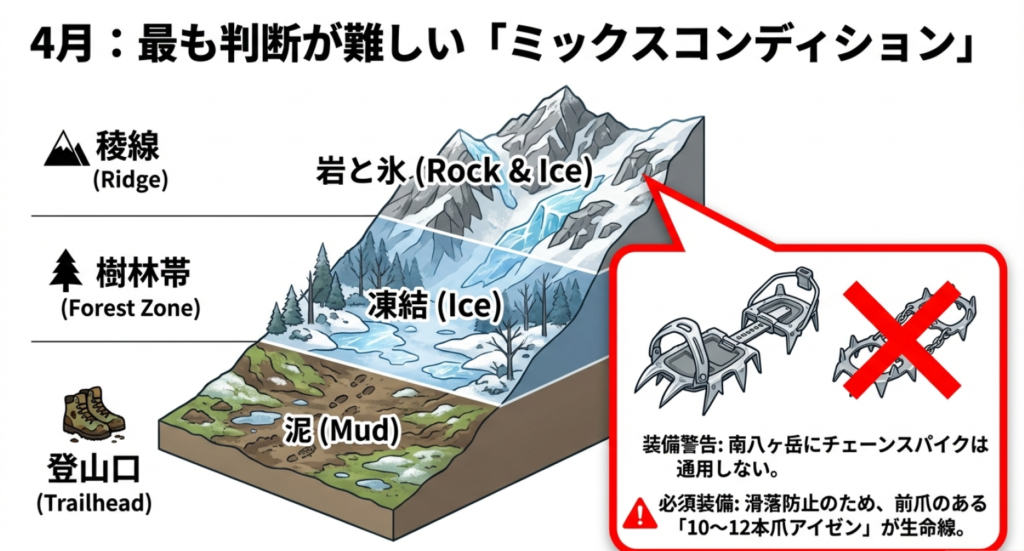 4月の登山道のミックスコンディション図解。泥、凍結、岩と氷が混在する状況を示し、南八ヶ岳ではチェーンスパイクではなく10本爪以上のアイゼンが必須であることを解説。