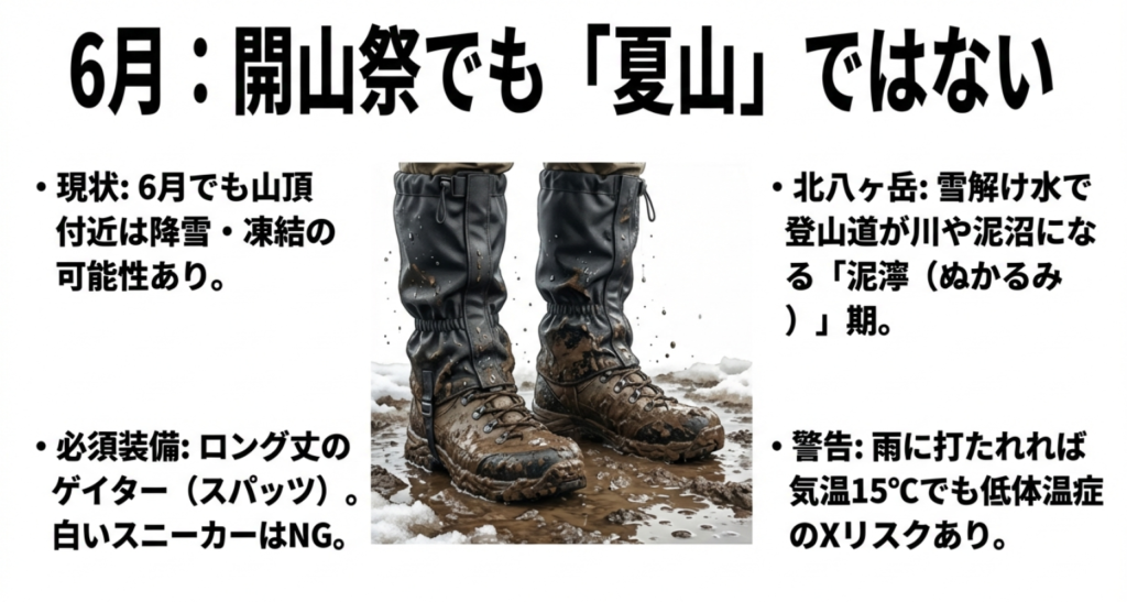 6月の北八ヶ岳の泥濘(ぬかるみ)対策。登山道が川のようになる状況と、ロング丈のゲイター(スパッツ)の必要性、梅雨時期の低体温症リスクについて