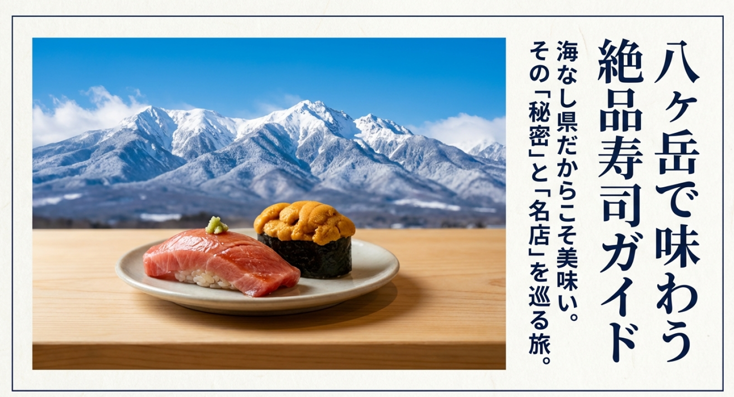 八ヶ岳の山々と寿司の画像を背景にした絶品寿司ガイド
