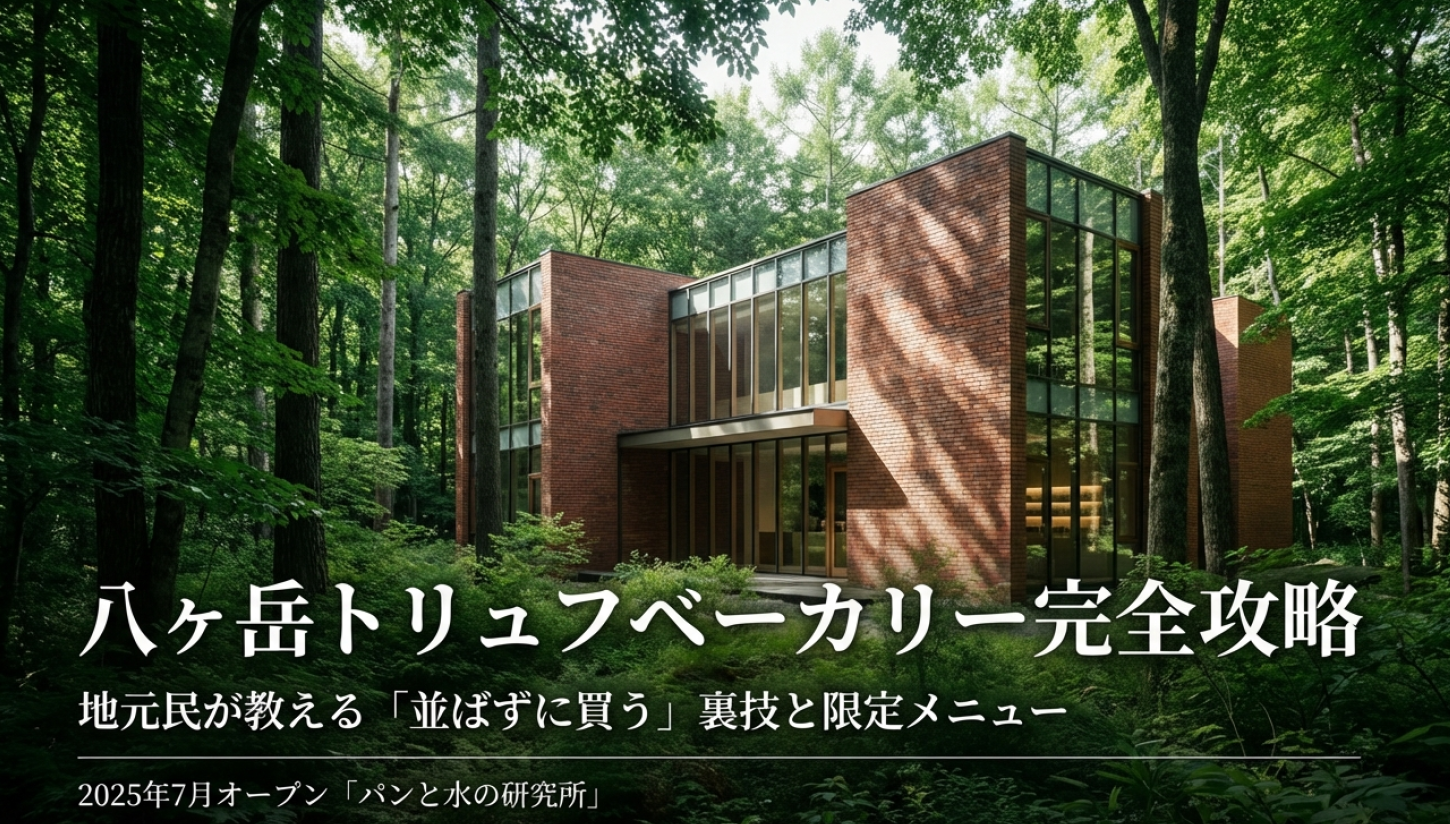 八ヶ岳の森の中にあるトリュフベーカリー南八ヶ岳（パンと水の研究所）のモダンな建築外観とコンセプトイメージ