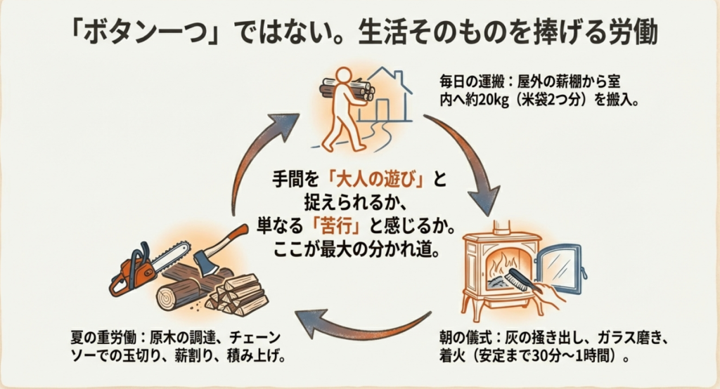 「ボタン一つ」ではない、薪ストーブに必要な労働