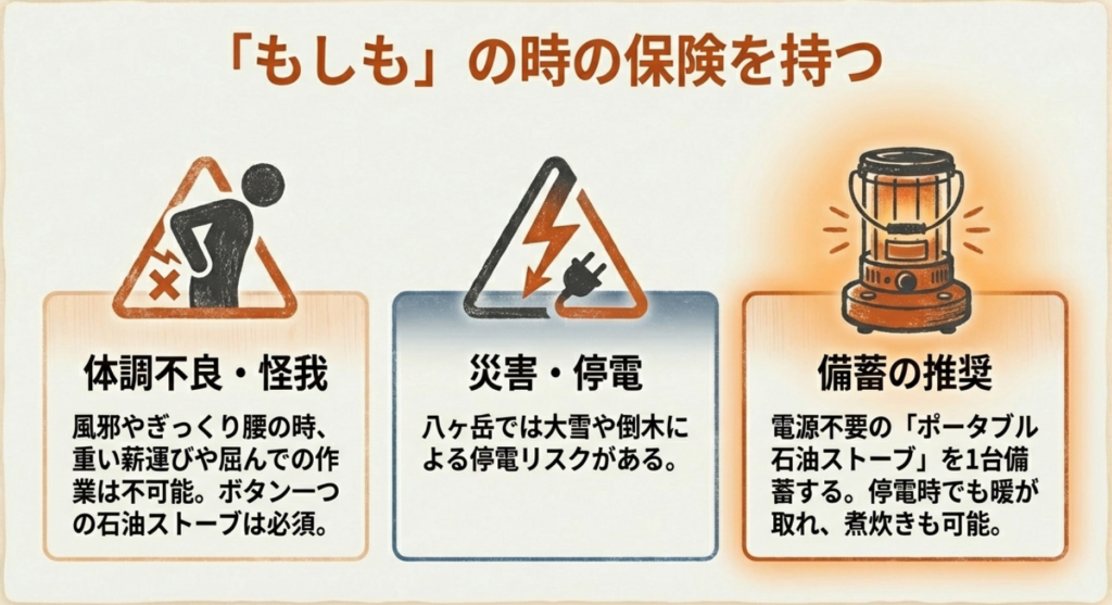 ぎっくり腰などの体調不良時や停電・災害時に、電源不要の石油ストーブが不可欠であることを示す注意喚起のスライド