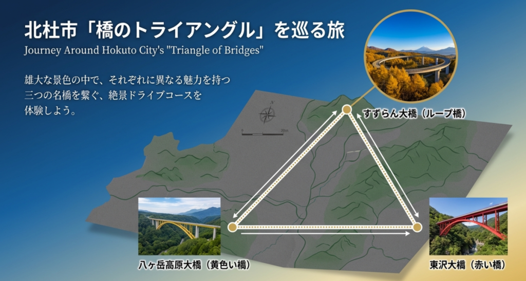すずらん大橋、八ヶ岳高原大橋、東沢大橋の位置関係マップ