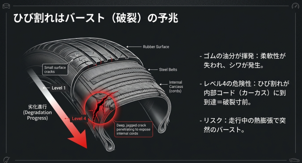 ゴムの劣化進行を示す図解。レベル4の深いひび割れが内部コードに達しバーストの予兆となる状態