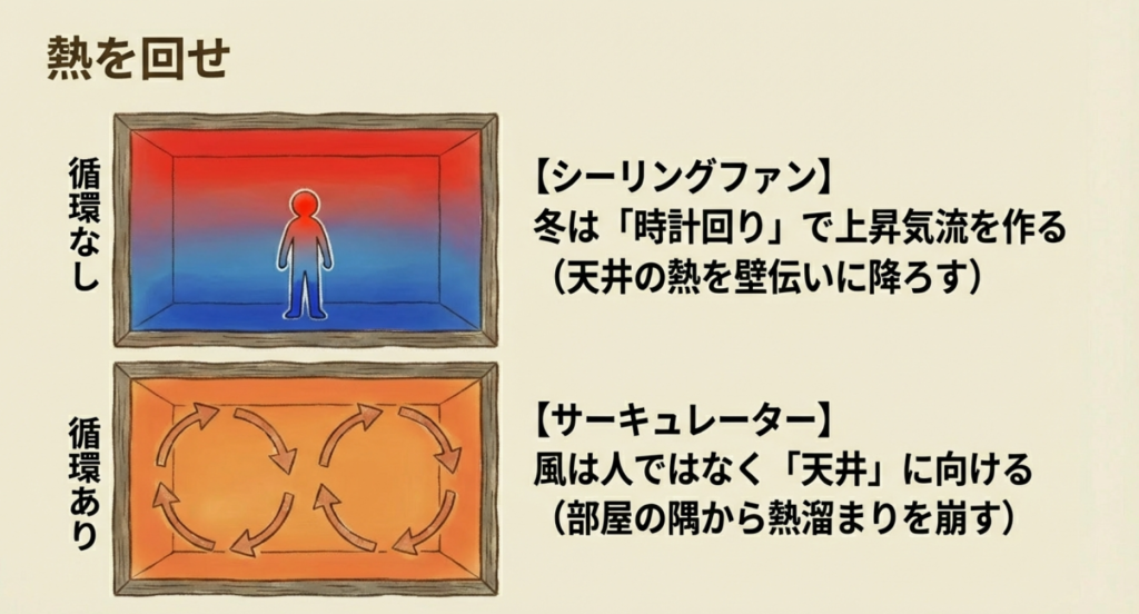 シーリングファンによる熱循環の効果比較
