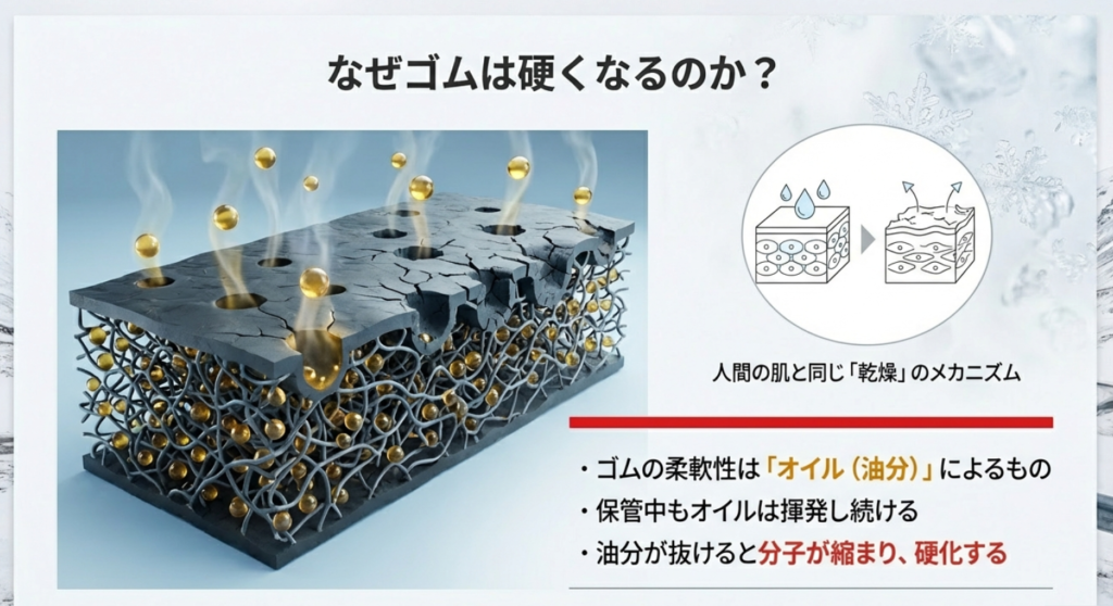 スタッドレスタイヤのゴムからオイル（油分）が揮発して硬化・劣化していくメカニズムの図解