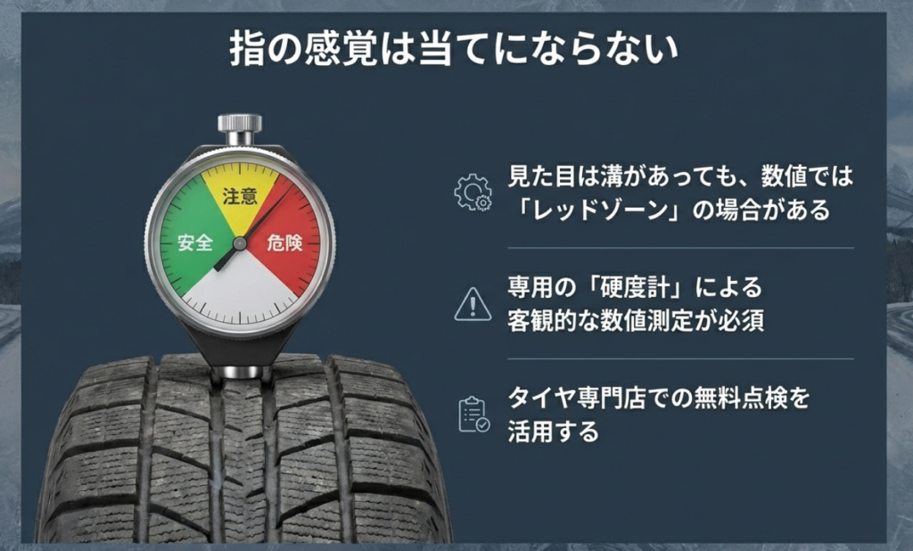 スタッドレスタイヤのゴムの硬さを安全・注意・危険の3段階で客観的に測定できる硬度計