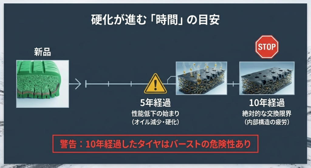 スタッドレスタイヤの性能低下が始まる5年と、バーストの危険性がある絶対的な交換限界である10年のタイムライン