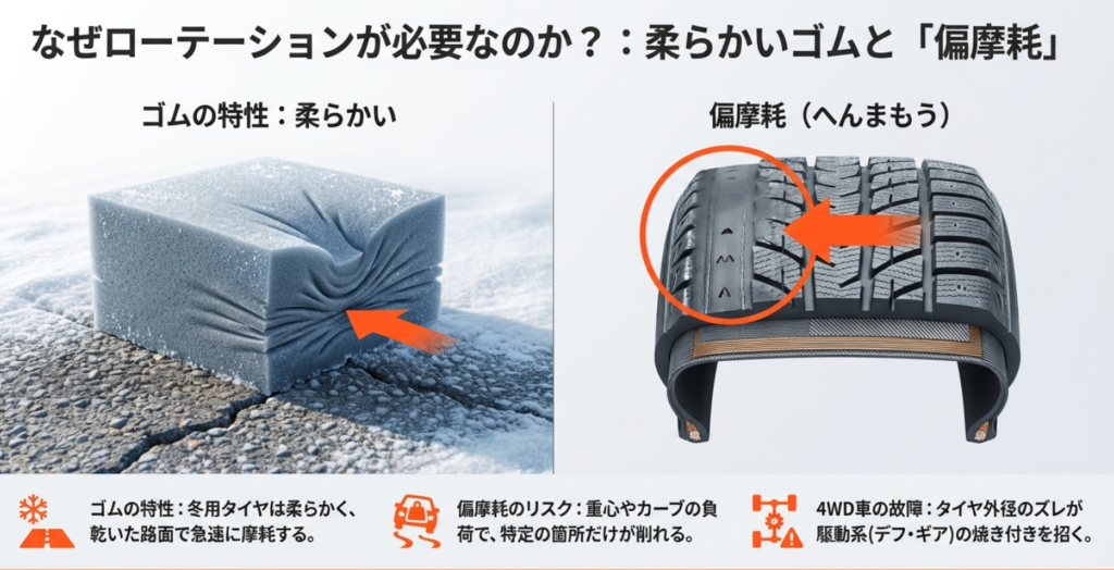 スタッドレスタイヤの柔らかいゴムと偏摩耗の仕組み